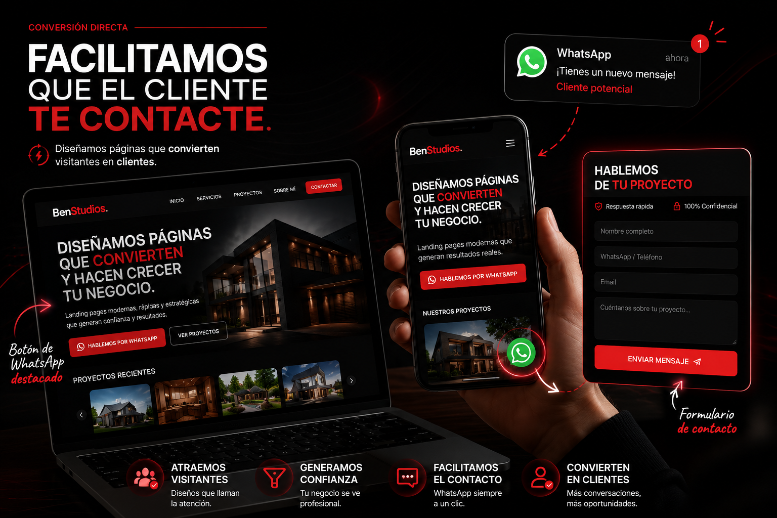 Mockup de conversión directa con WhatsApp y formulario de contacto
