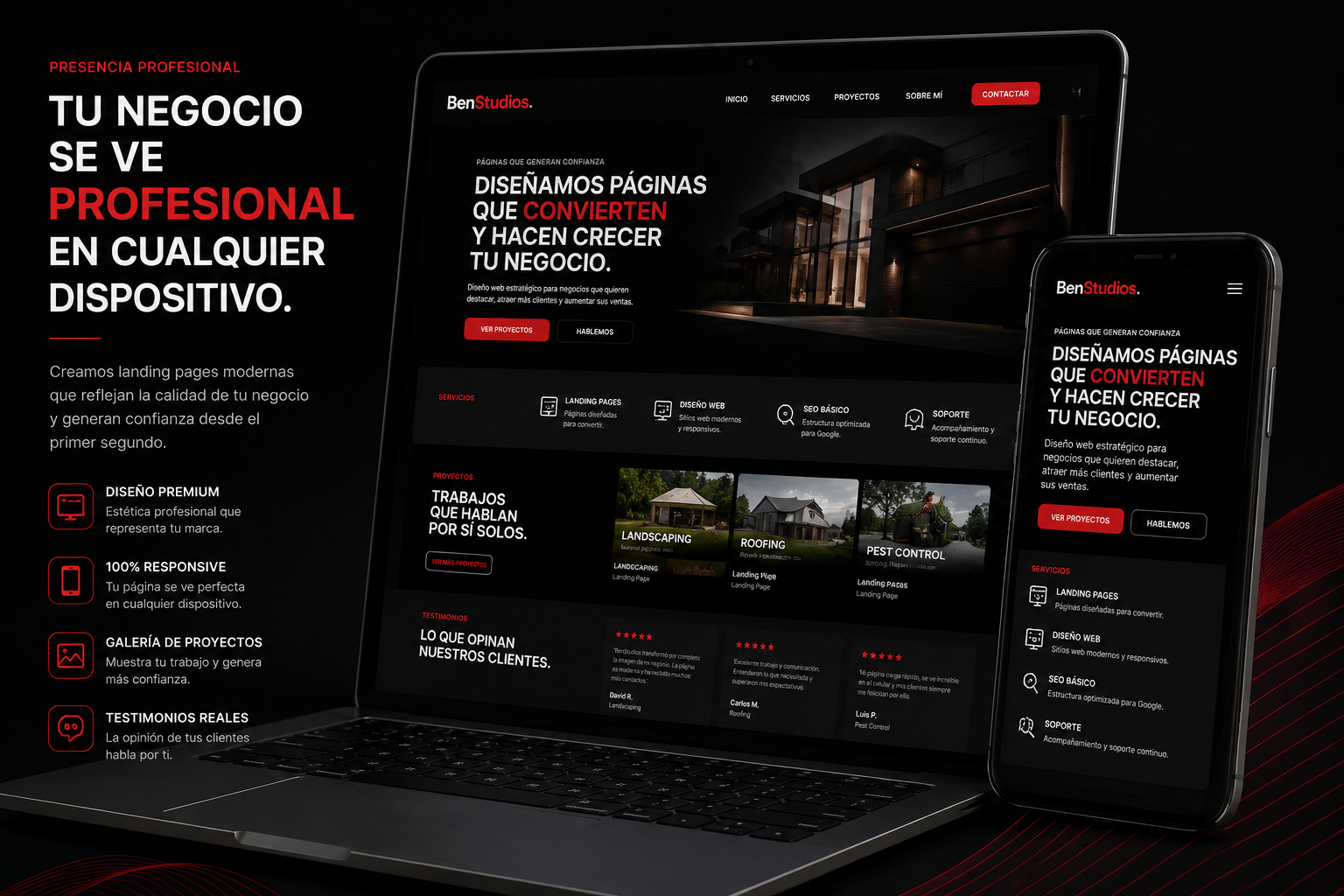 Mockup de presencia profesional de BenStudios en laptop y celular